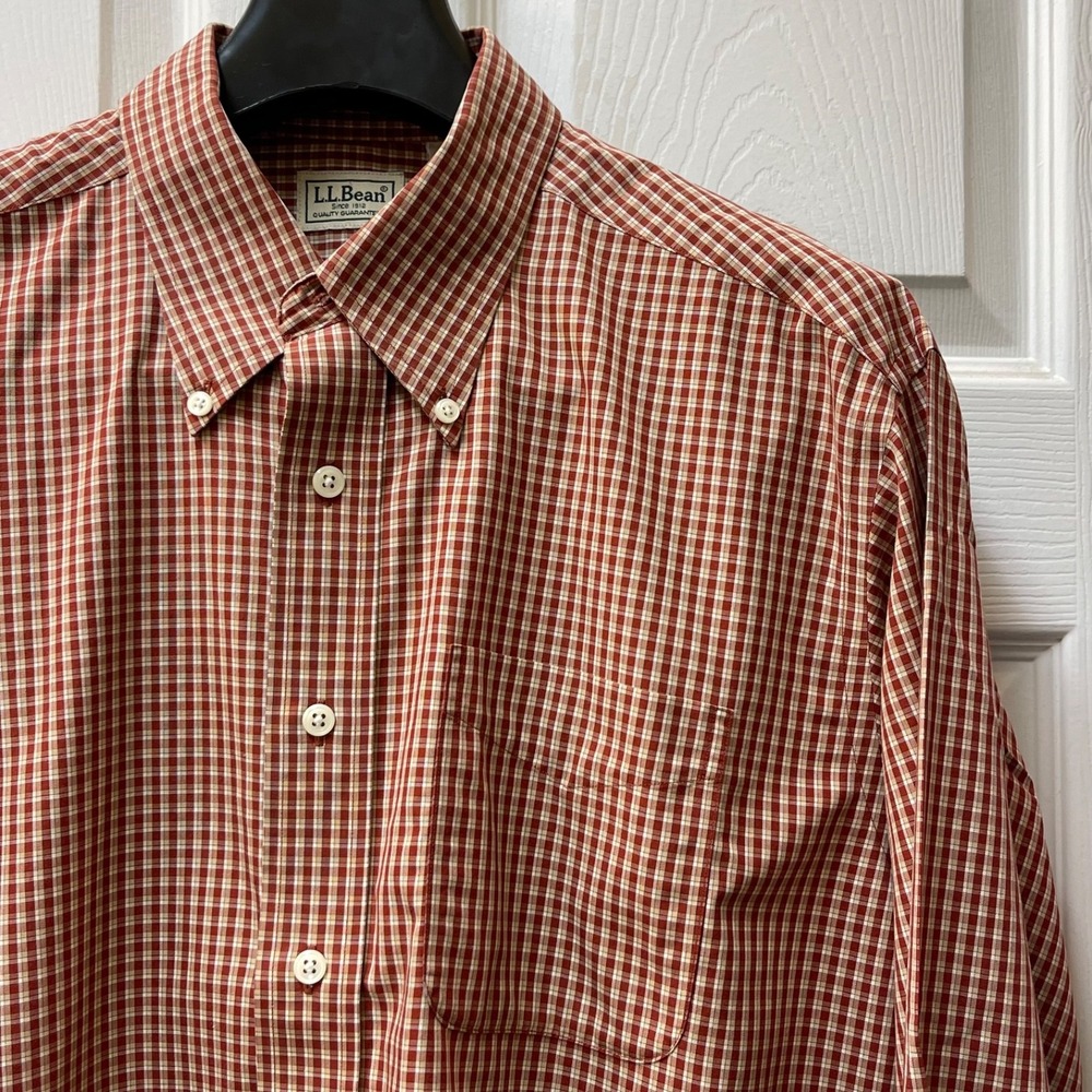 L.L Bean Shirt Men's Large Red Plaid Poplin L/S Casual Outdoors Preppy Outdoors